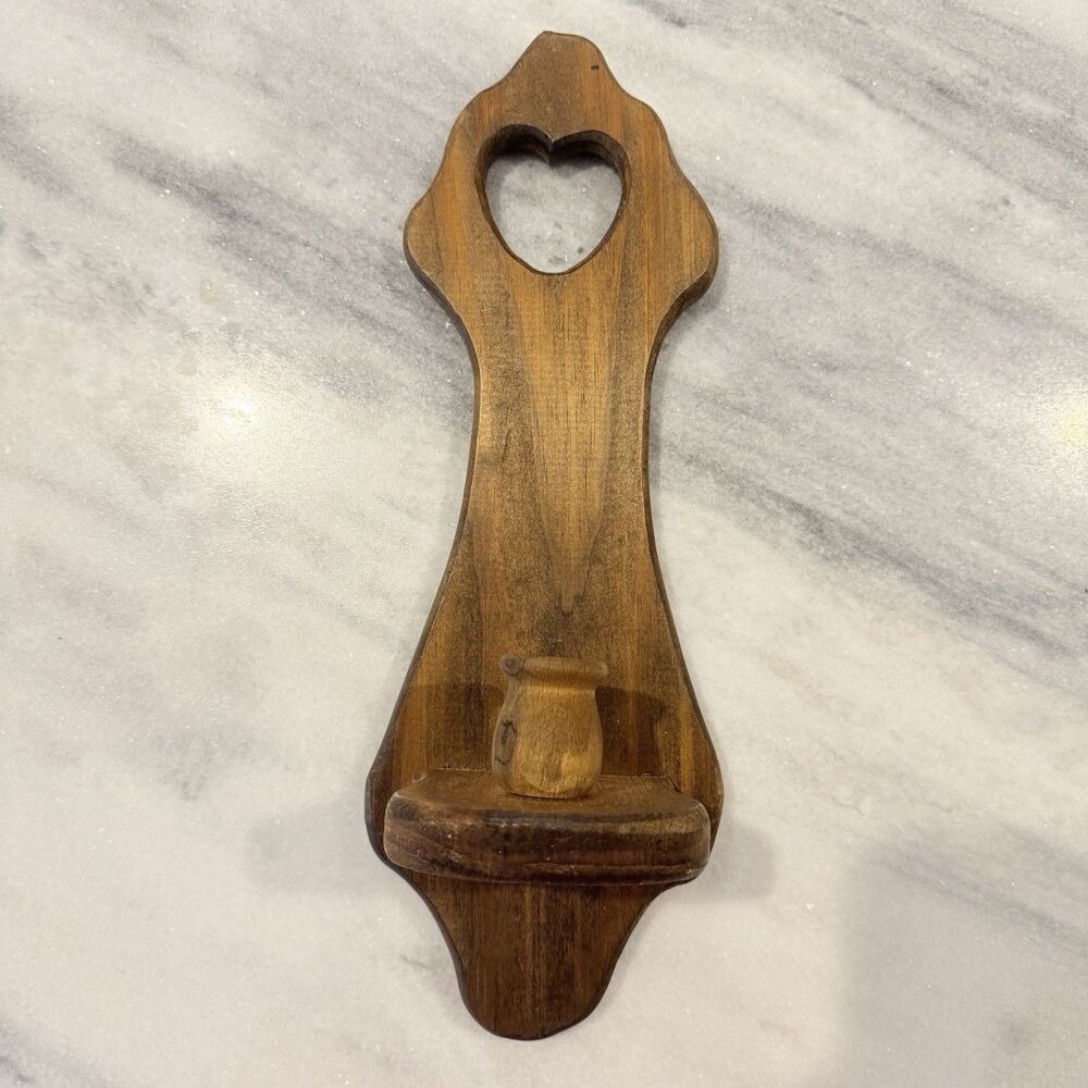 Wood Wall Mounted Heart Candle Holder Brown Country Decor for Taper Candle